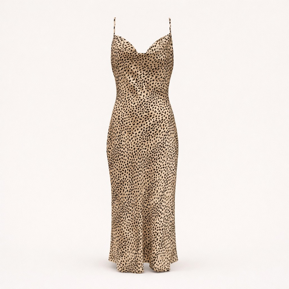 Leopard Satin Slip Dress Cowl Neck Open Back Midi 90s Minimal XS - Picture 2 of 9